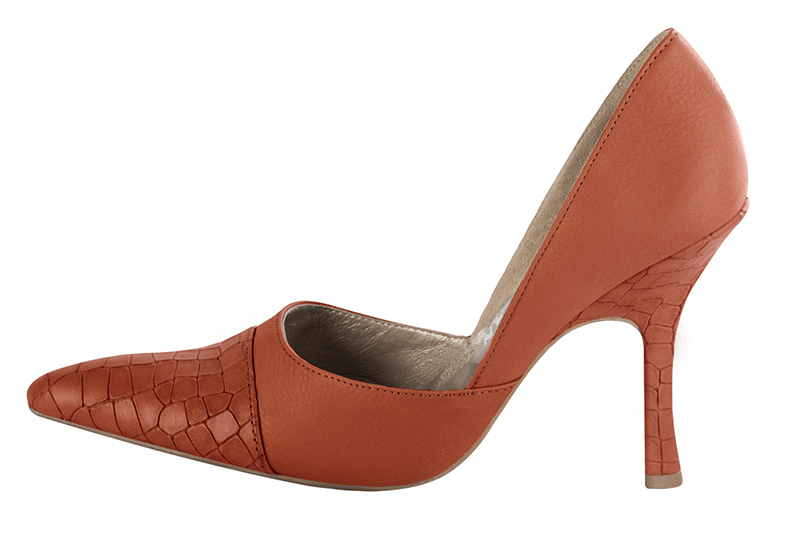 Terracotta orange women's open arch dress pumps. Tapered toe. Very high spool heels. Profile view - Florence KOOIJMAN